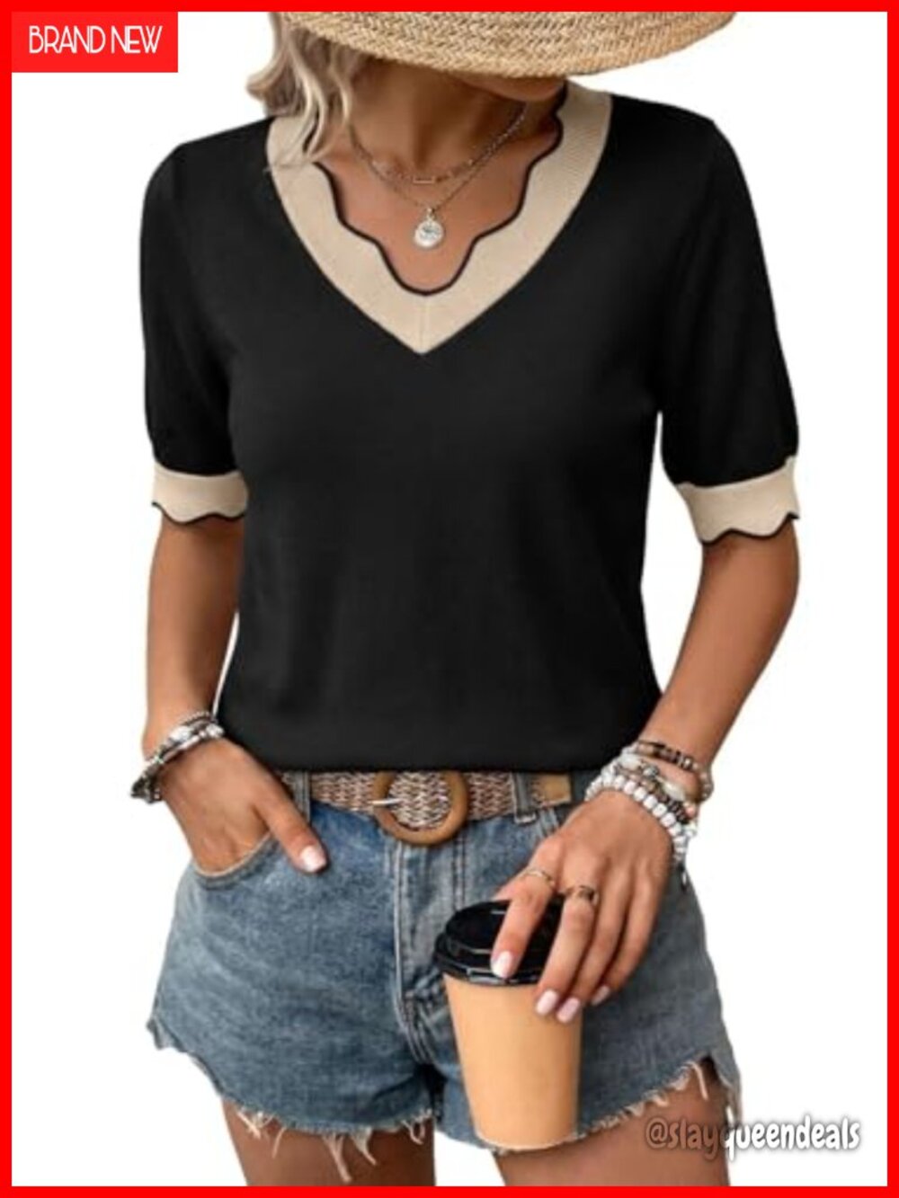 Women's V Neck Short Sleeve Sweater Pullover Scalloped Color Blocked Knit Top